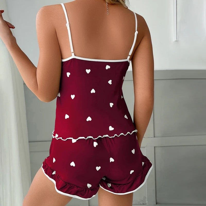 Heart & Bow Print Backless Cami Pajama Set