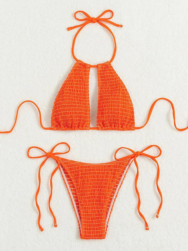 Halter Tie-Side Hollow Out Smocked Bikini