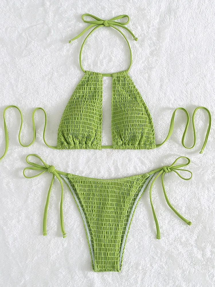 Halter Tie-Side Hollow Out Smocked Bikini