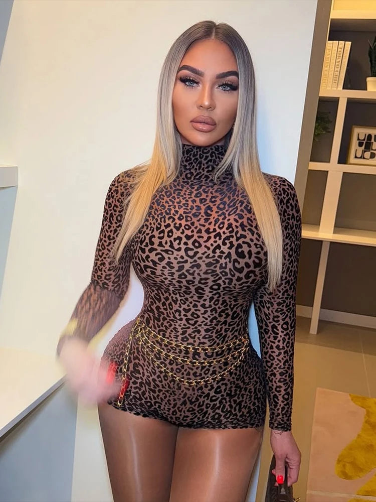Junior Fashion Sexy High Street Jumpsuits  Leopard Close-Fitting High-Necked Rompers