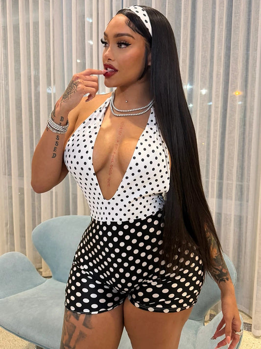 Polka Dot Halter Backless Skinny Romper