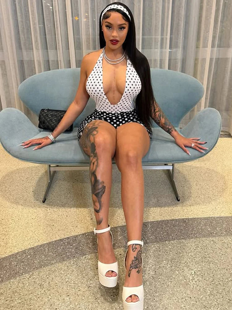 Polka Dot Halter Backless Skinny Romper