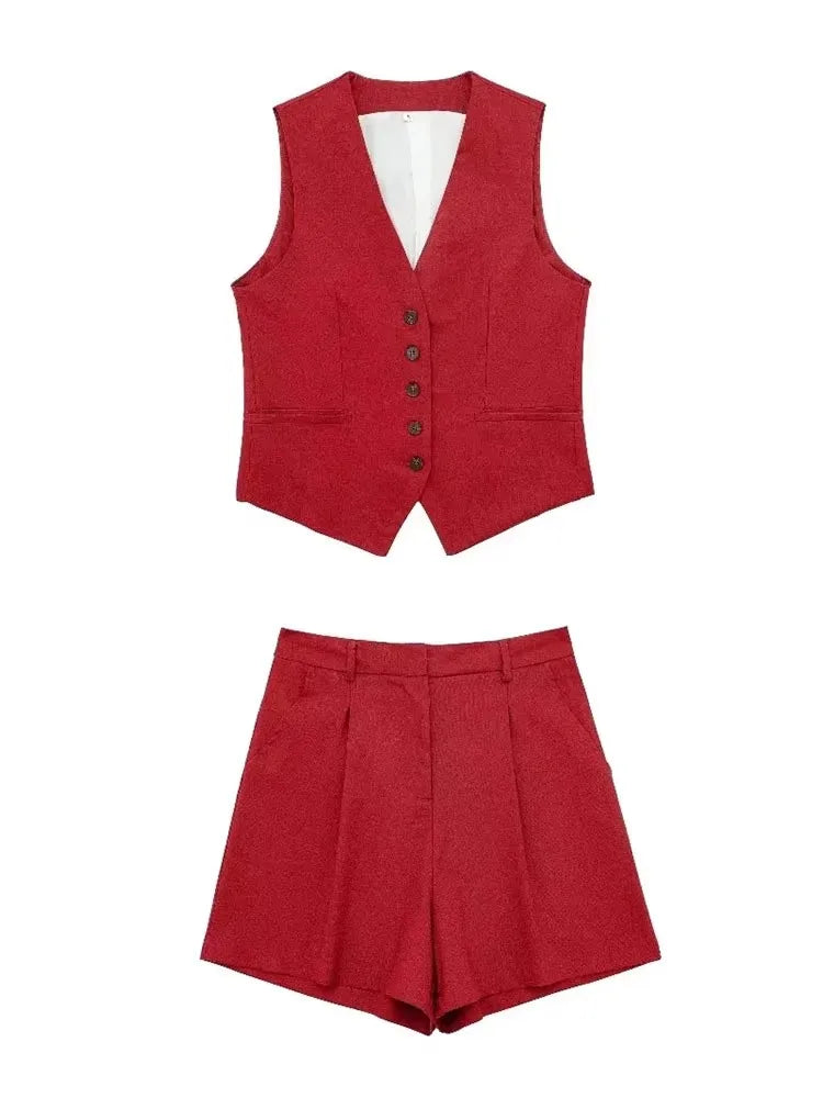 Women Fashion Red Vest Shorts Sets