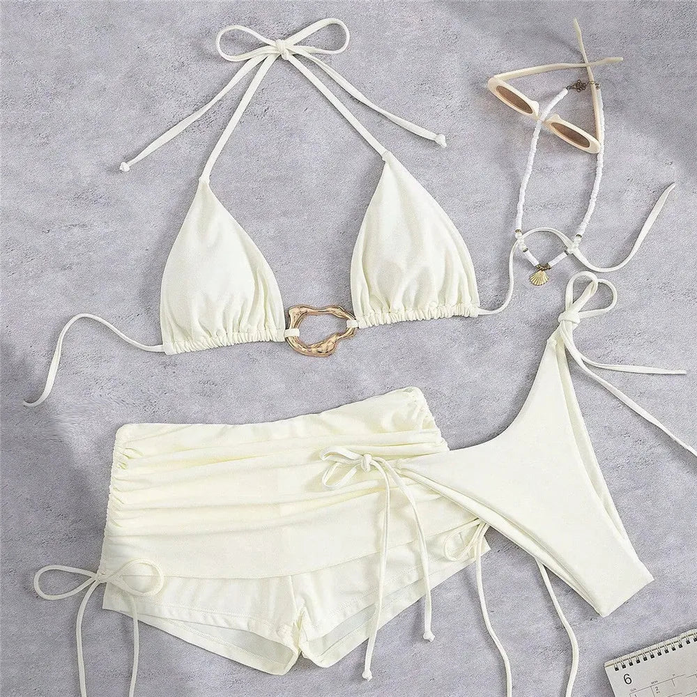 Metal Ring Halter 3-Piece Bikini Set