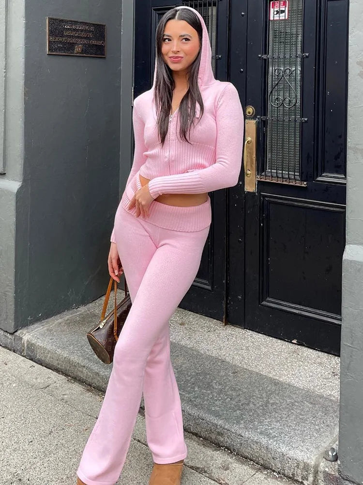 Rib Knit Zip Hoodie & Skinny Pants Tracksuit