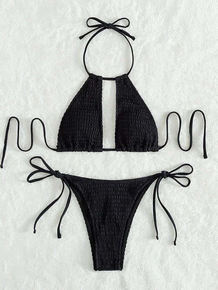 Halter Tie-Side Hollow Out Smocked Bikini