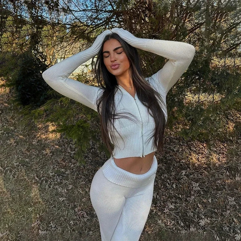 Rib Knit Zip Hoodie & Skinny Pants Tracksuit