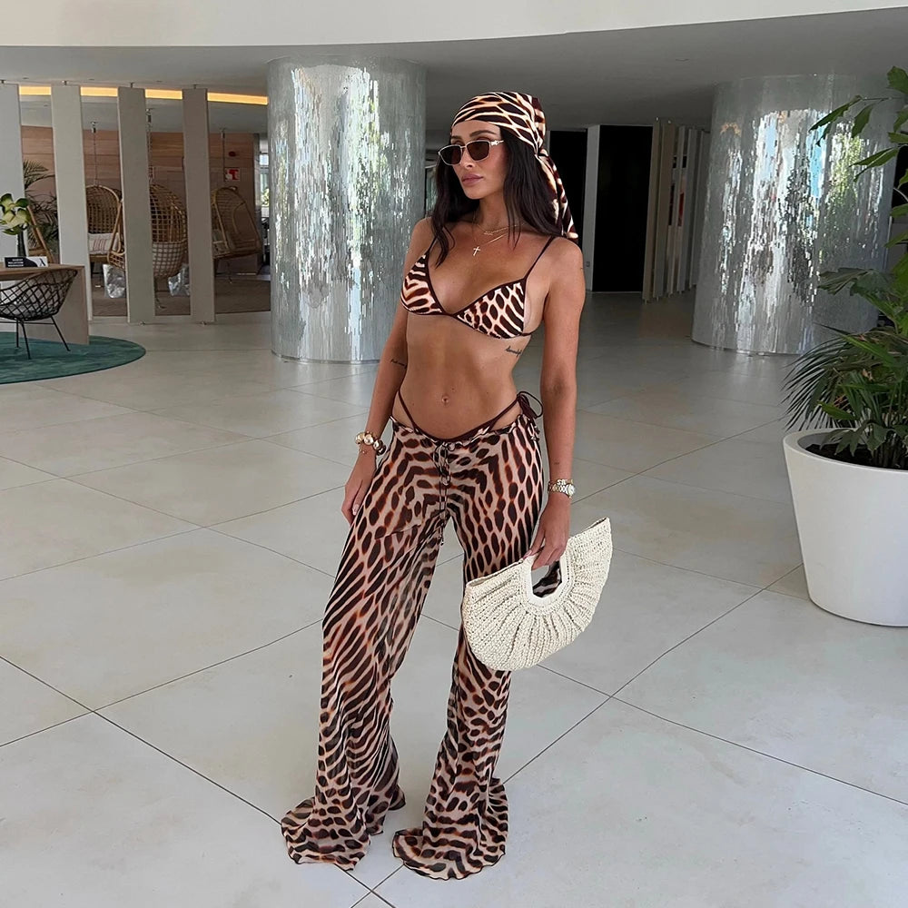 3-Piece Print Bikini Set with Kimono Cover-Up