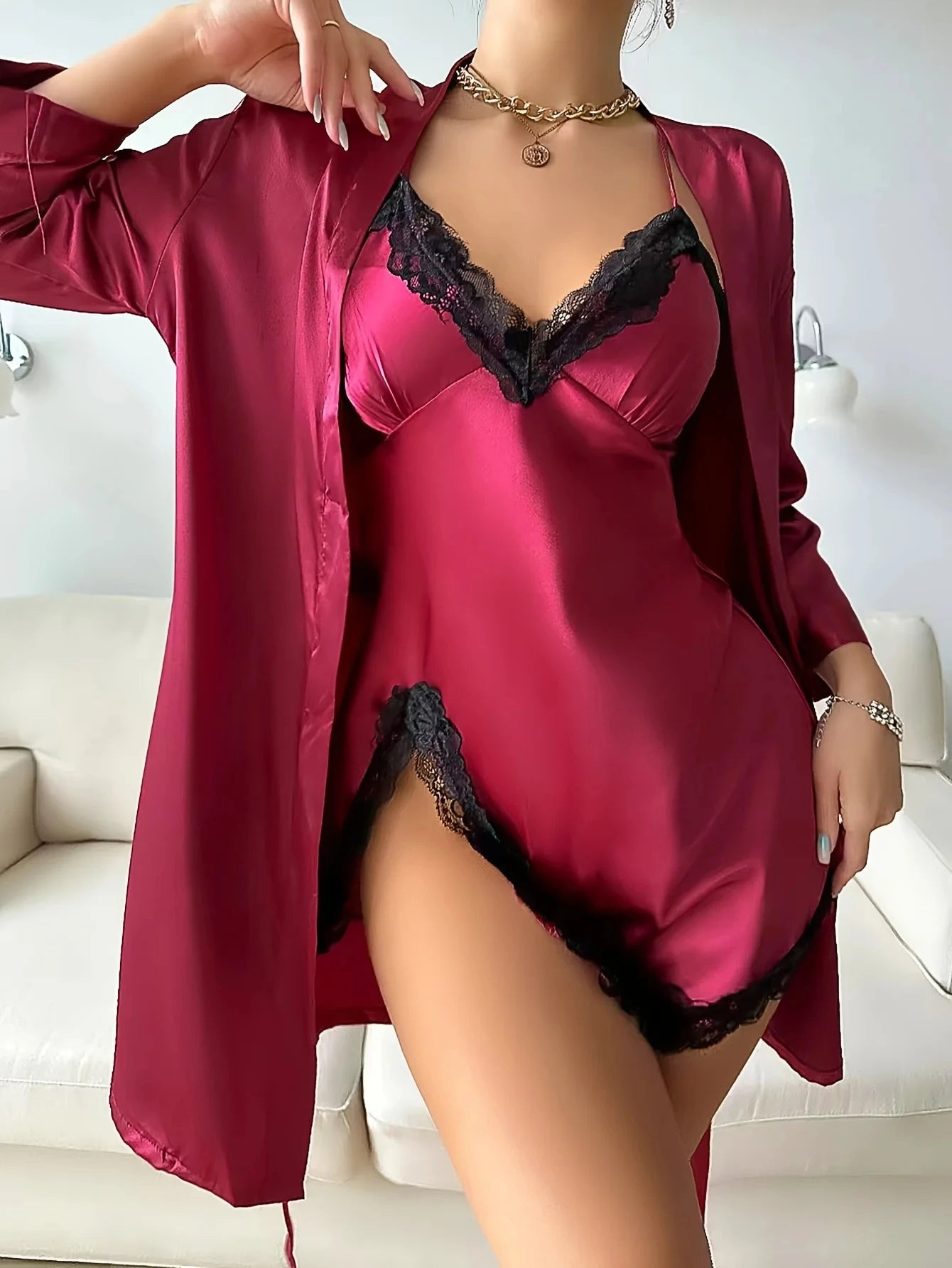 Silky Lace Trim Open-Back Cami Lounge Set