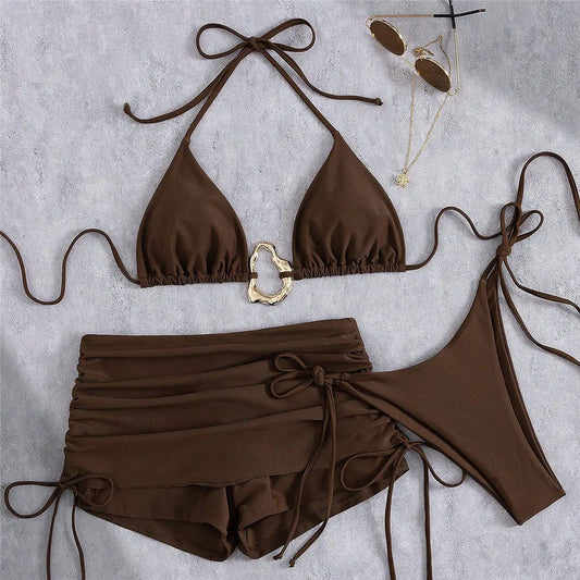 Metal Ring Halter 3-Piece Bikini Set