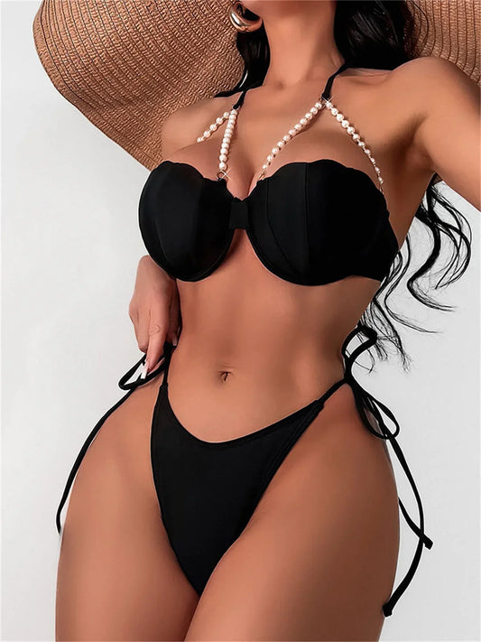 Shell Underwire Pearl Strap Thong Bikini
