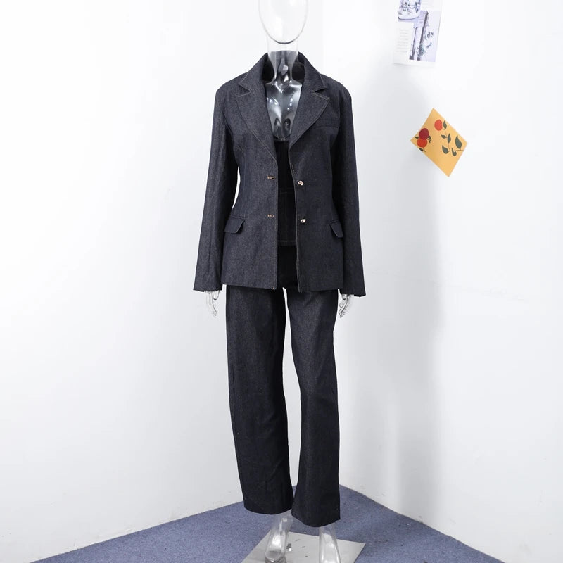 Retro Denim Vest Suit Jacket Pant 3 Piece Sets