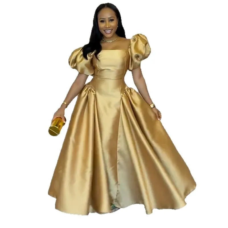 Gold Puff Sleeve Square Neck Pleated Maxi Dress