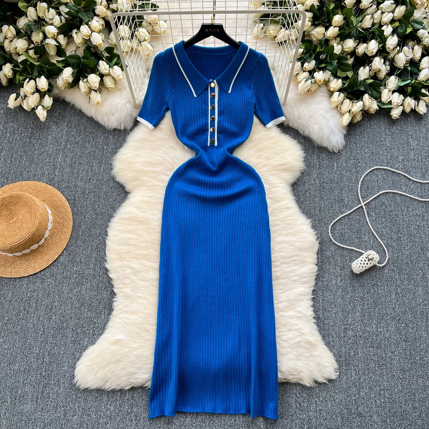 Colorblock Polo Knit Bodycon Wrap Dress