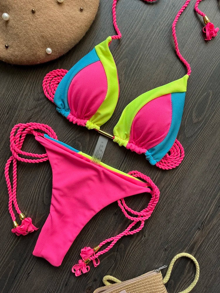 Special Fabric Splice Push-Up Brazilian Bikini
