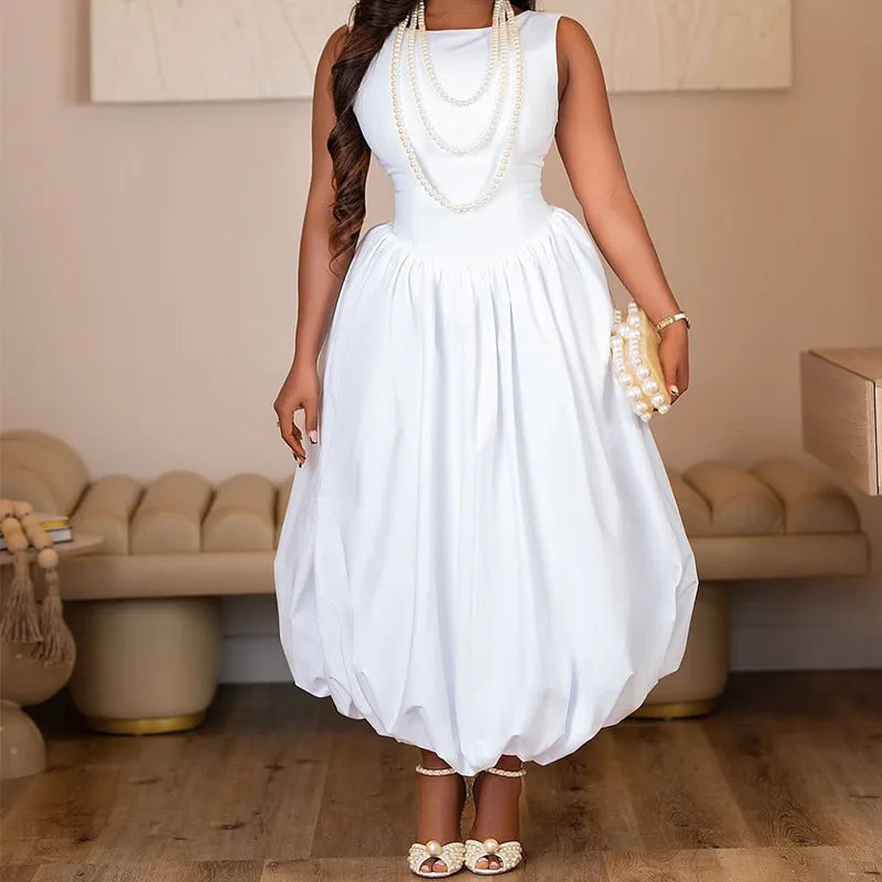 White Pleated Backless A-Line Maxi Dress