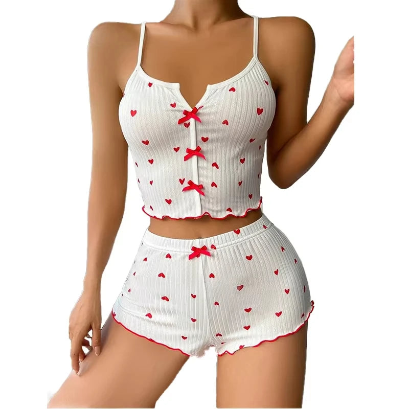 Heart Print Silk Satin Cami & Shorts Lounge Set