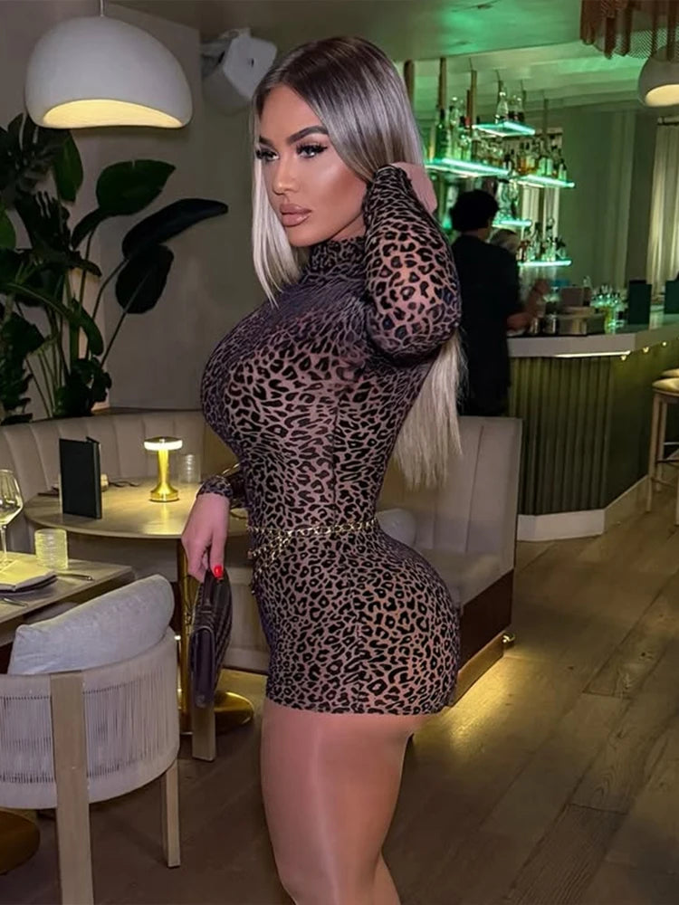 Junior Fashion Sexy High Street Jumpsuits  Leopard Close-Fitting High-Necked Rompers