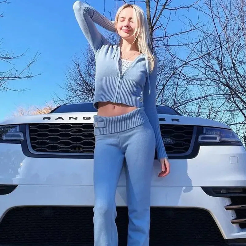 Rib Knit Zip Hoodie & Skinny Pants Tracksuit
