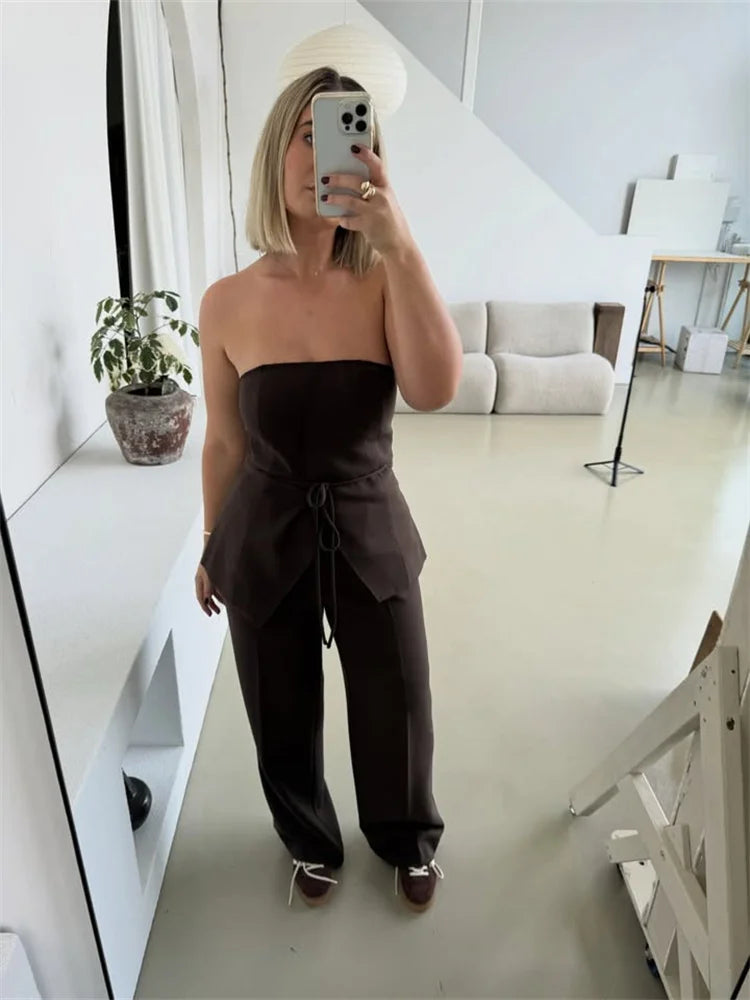 Women Pant Sets Sexy Backless Straps Sleeveless Lace Up Vest