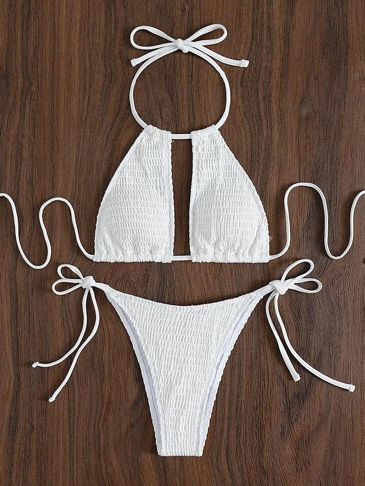 Halter Tie-Side Hollow Out Smocked Bikini