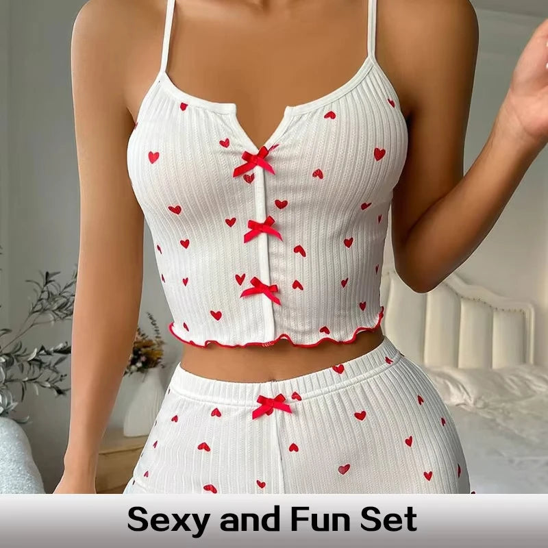 Heart Print Silk Satin Cami & Shorts Lounge Set
