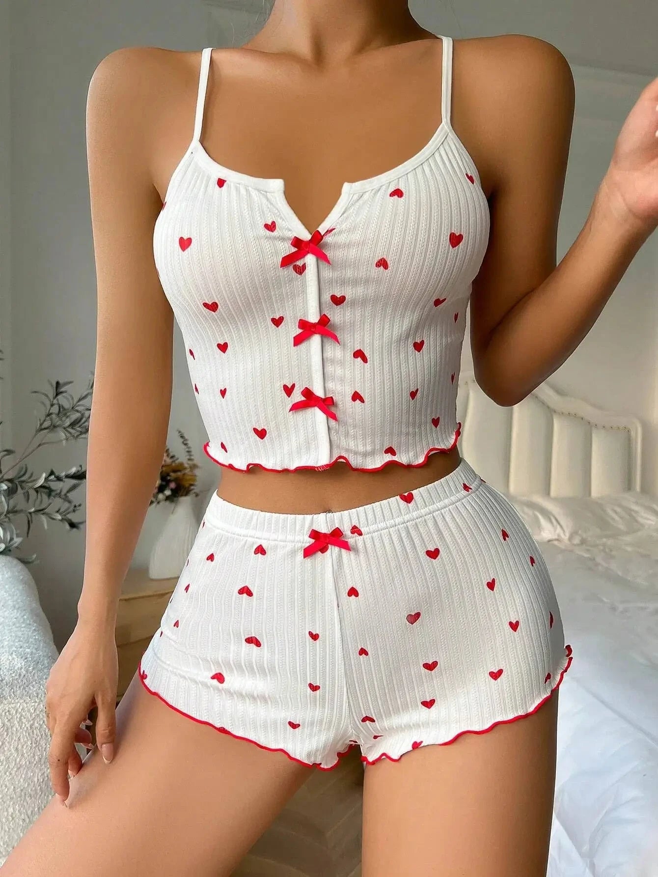 Heart Print Silk Satin Cami & Shorts Lounge Set