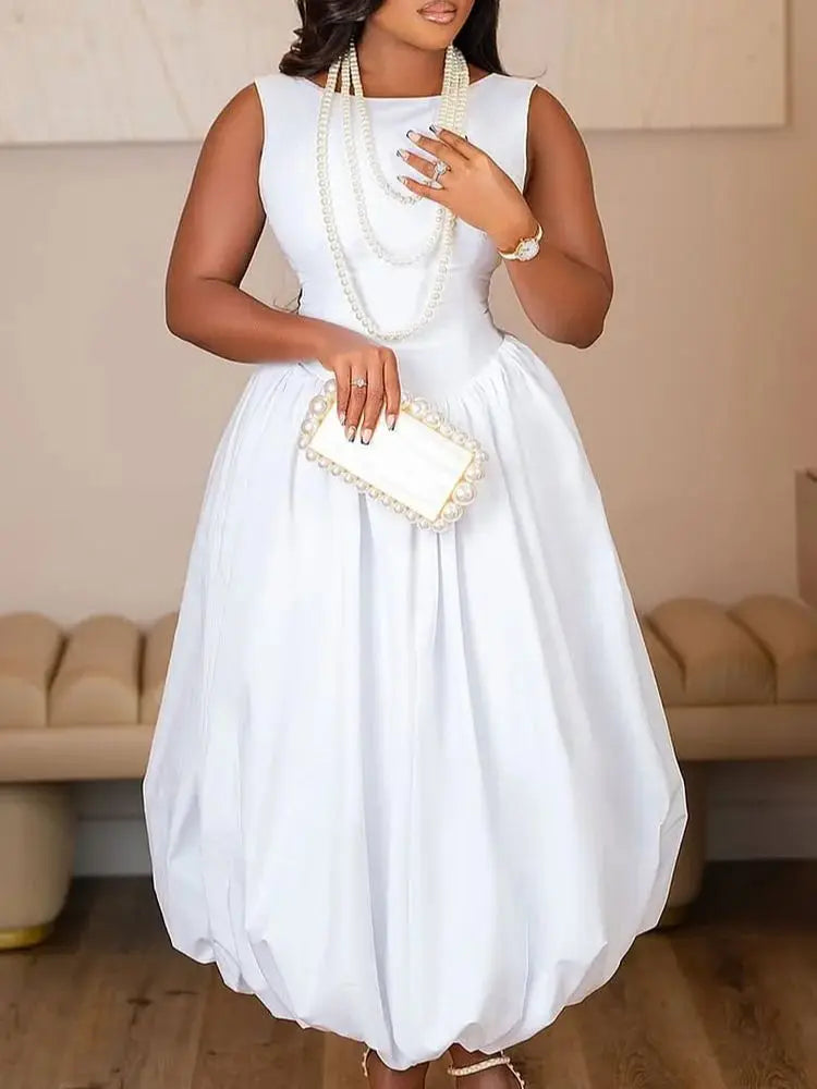 White Pleated Backless A-Line Maxi Dress