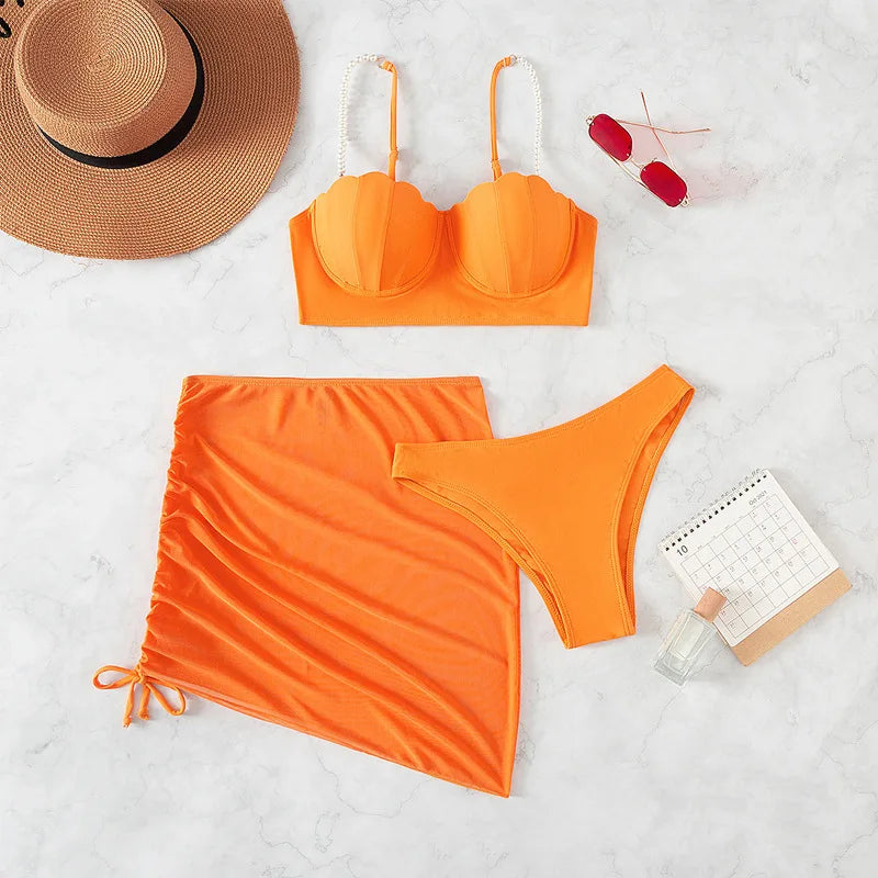 Solid Scallop-Trim 3-Piece Bikini Set
