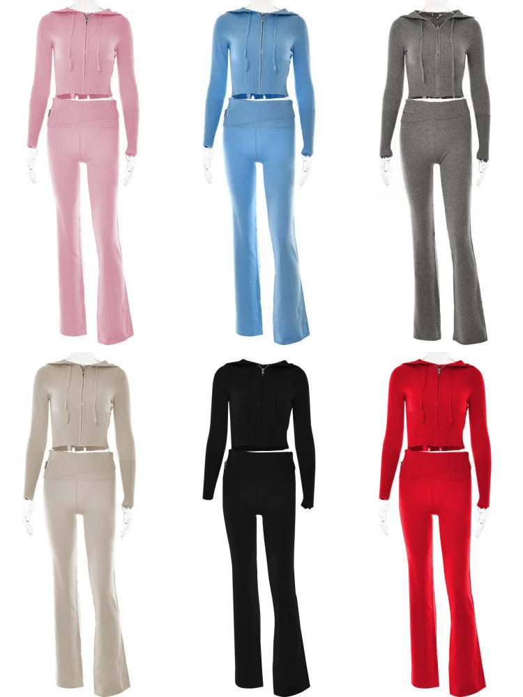 Rib Knit Zip Hoodie & Skinny Pants Tracksuit