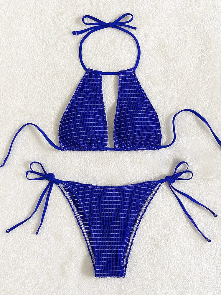 Halter Tie-Side Hollow Out Smocked Bikini