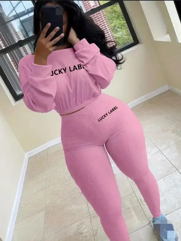 Lucky Label Embroidery Sweatshirt & Leggings Set