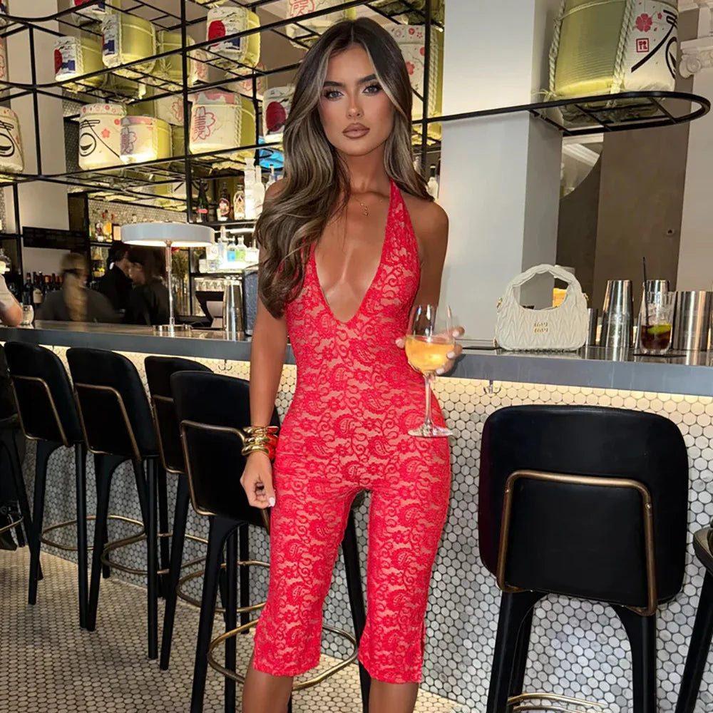 Lace Deep V Bodycon Jumpsuit Romper