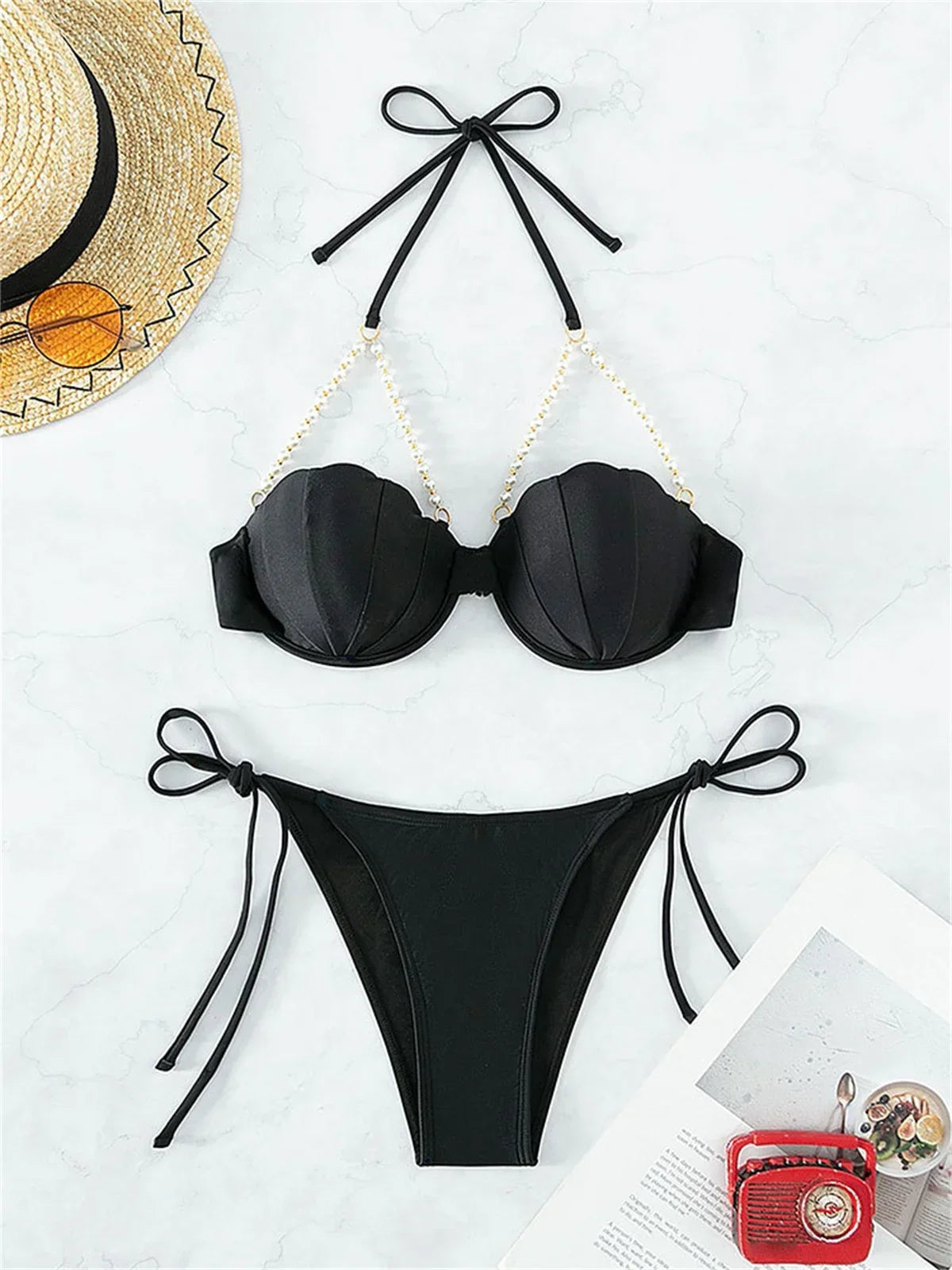 Shell Underwire Pearl Strap Thong Bikini