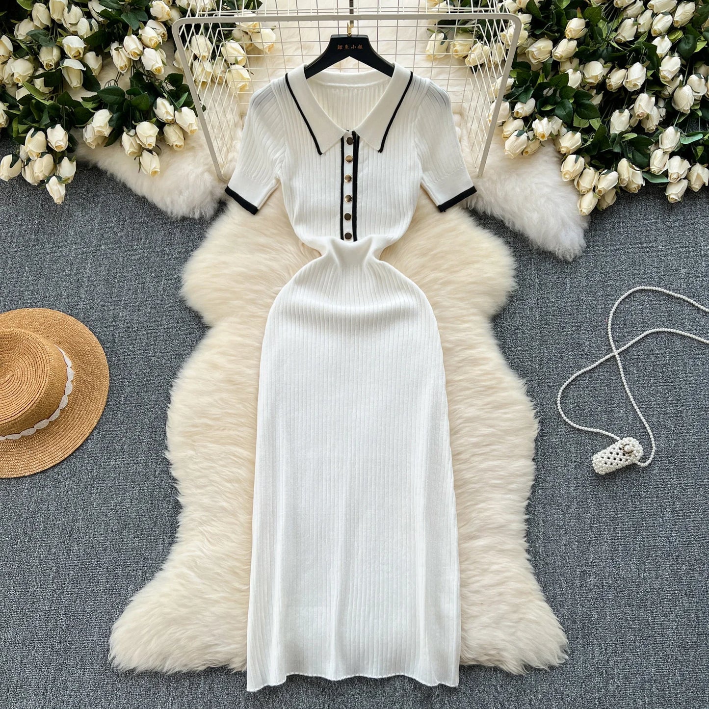 Colorblock Polo Knit Bodycon Wrap Dress