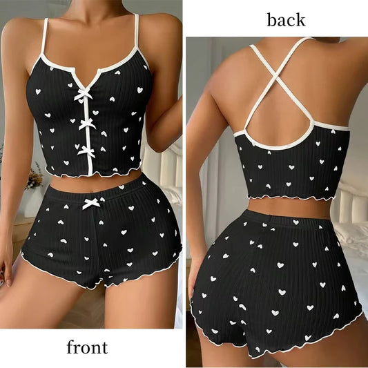 Heart Print Silk Satin Cami & Shorts Lounge Set