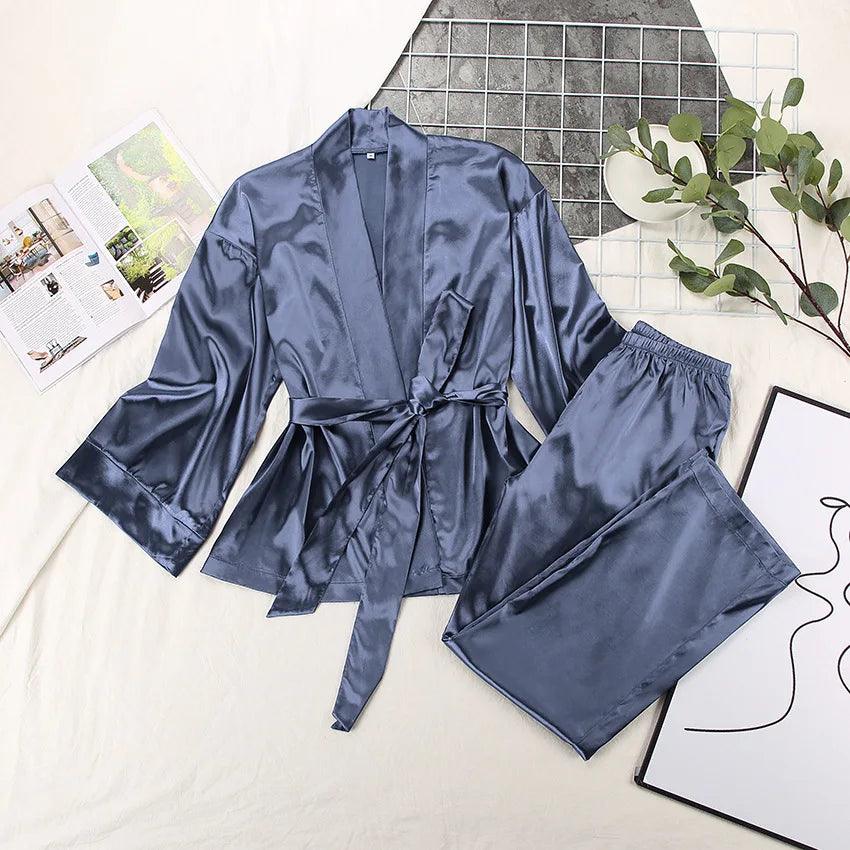 Satin Lace-Up Cardigan Pajama Set