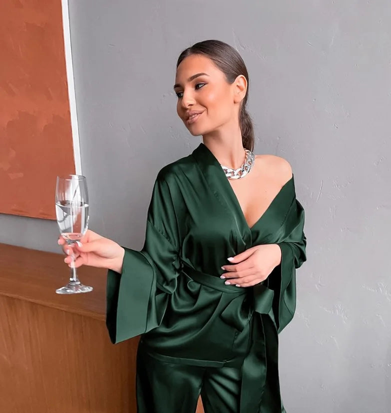 Satin Lace-Up Cardigan Pajama Set