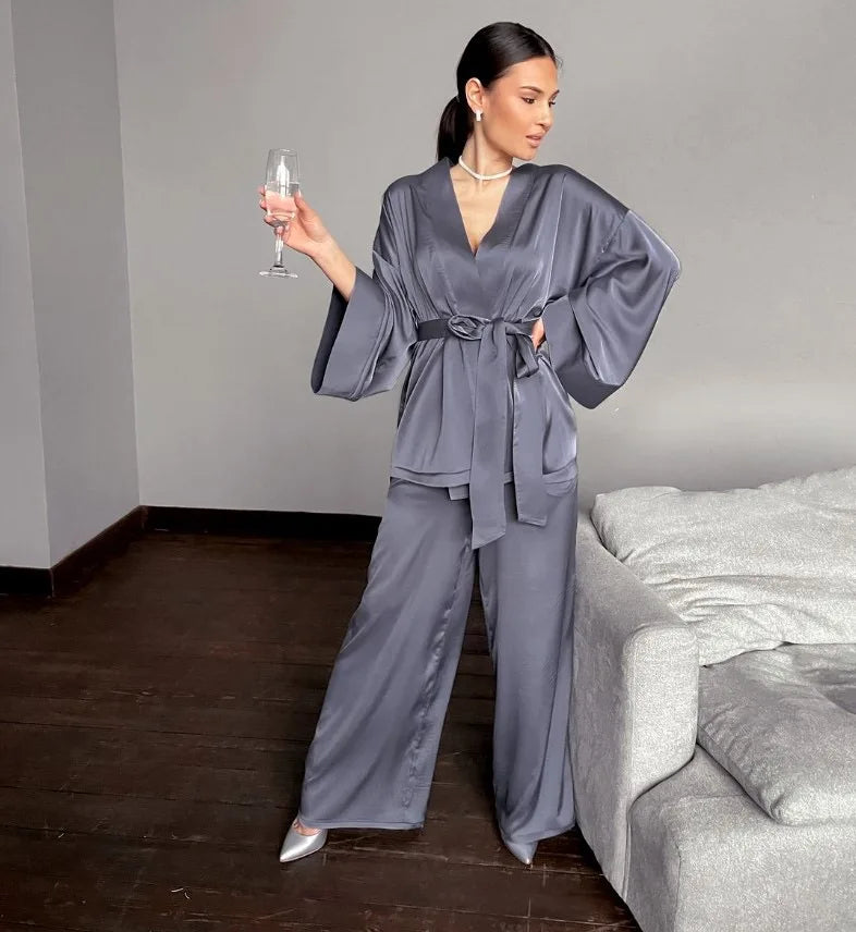 Satin Lace-Up Cardigan Pajama Set