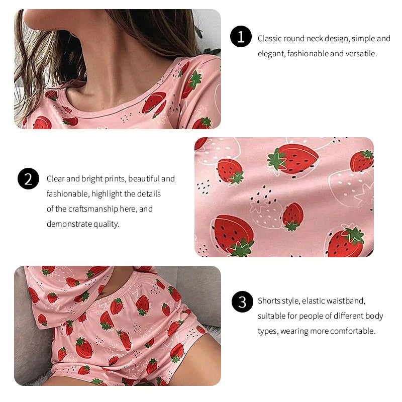 Strawberry Print Short Sleeve Pajama Set