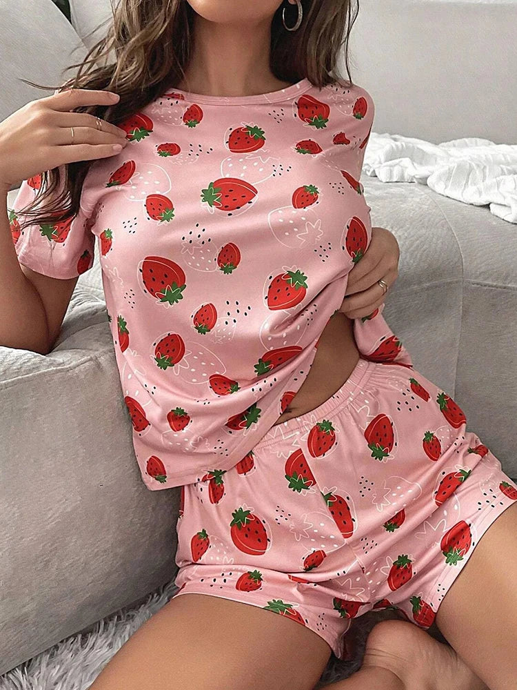 Strawberry Print Short Sleeve Pajama Set