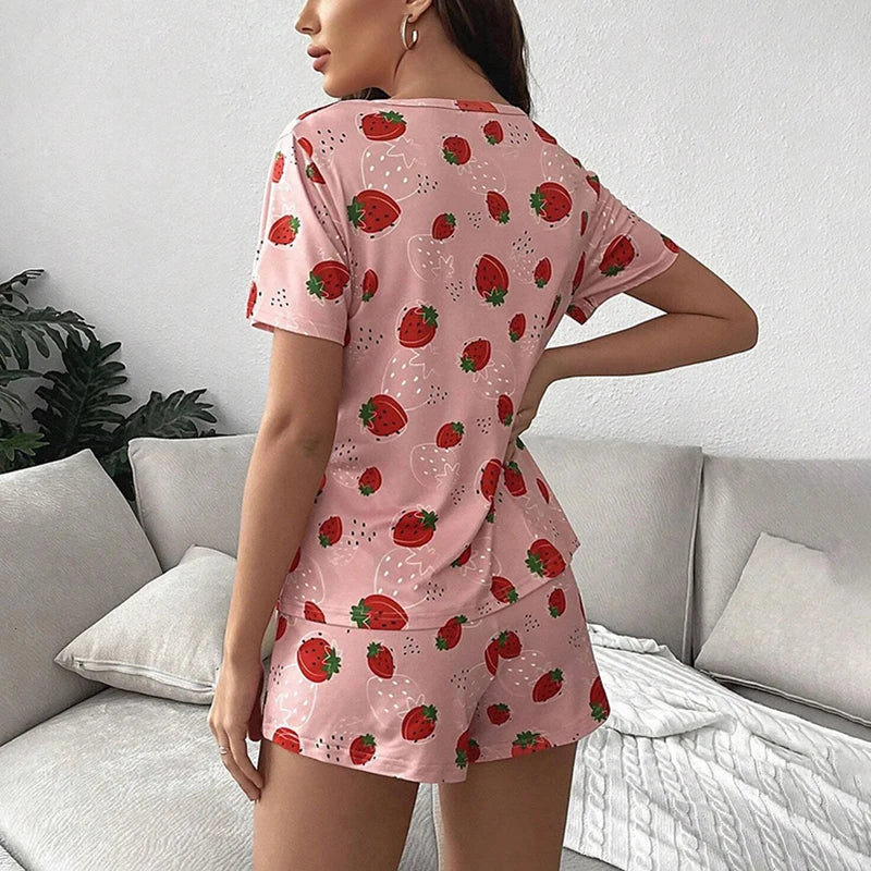 Strawberry Print Short Sleeve Pajama Set