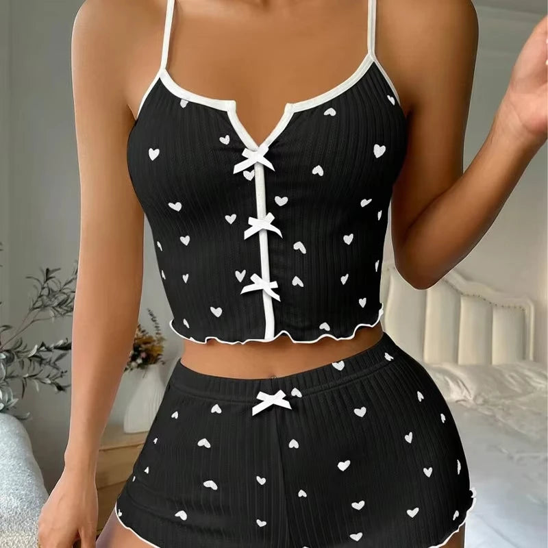 Heart Print Silk Satin Cami & Shorts Lounge Set