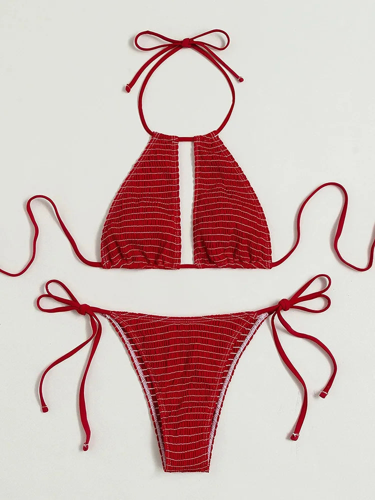 Halter Tie-Side Hollow Out Smocked Bikini