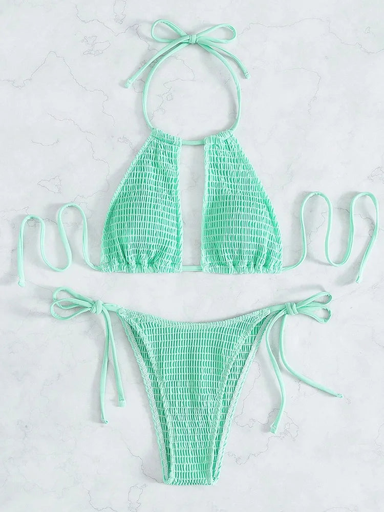 Halter Tie-Side Hollow Out Smocked Bikini