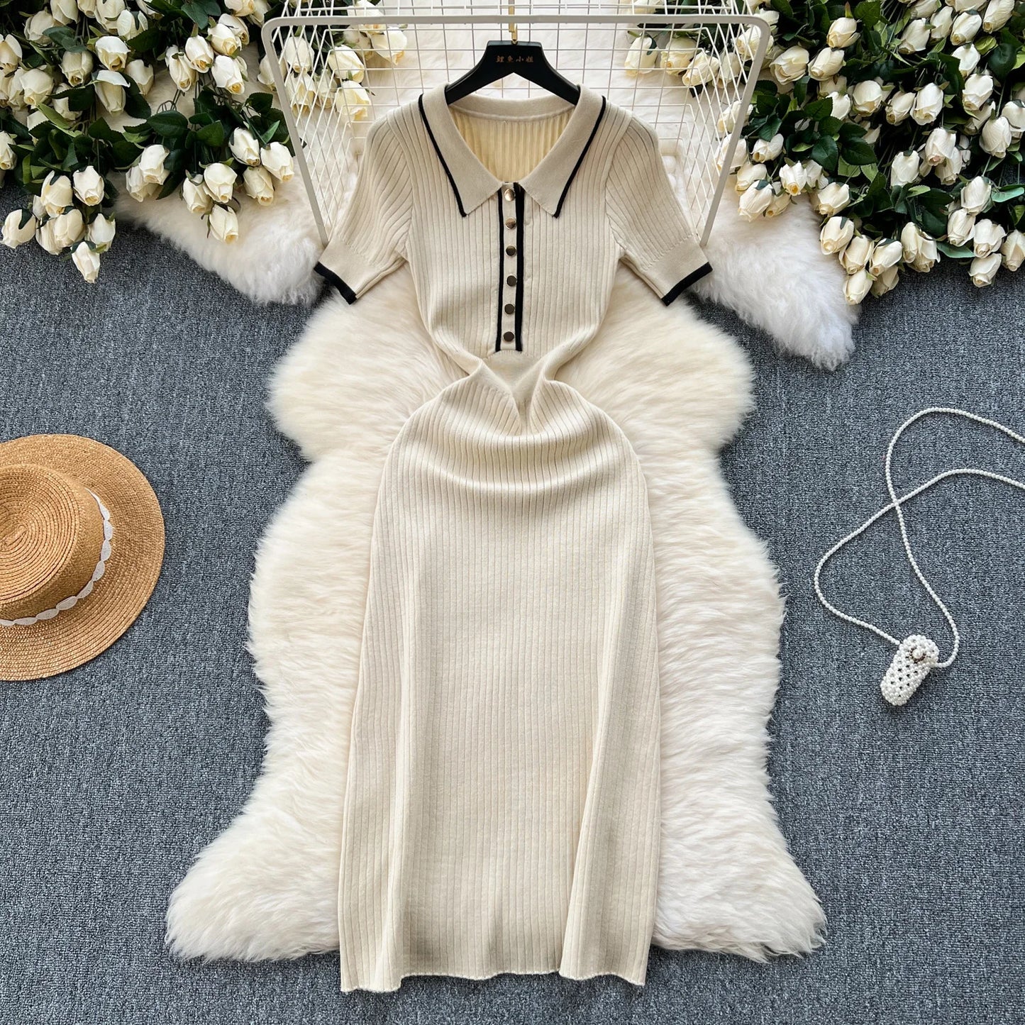 Colorblock Polo Knit Bodycon Wrap Dress