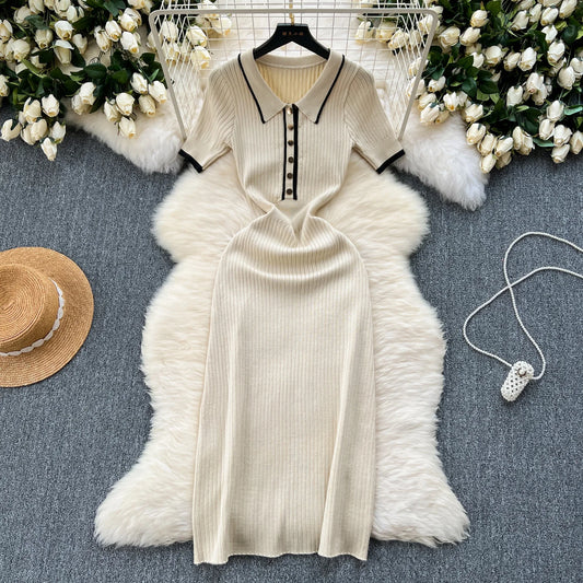Colorblock Polo Knit Bodycon Wrap Dress