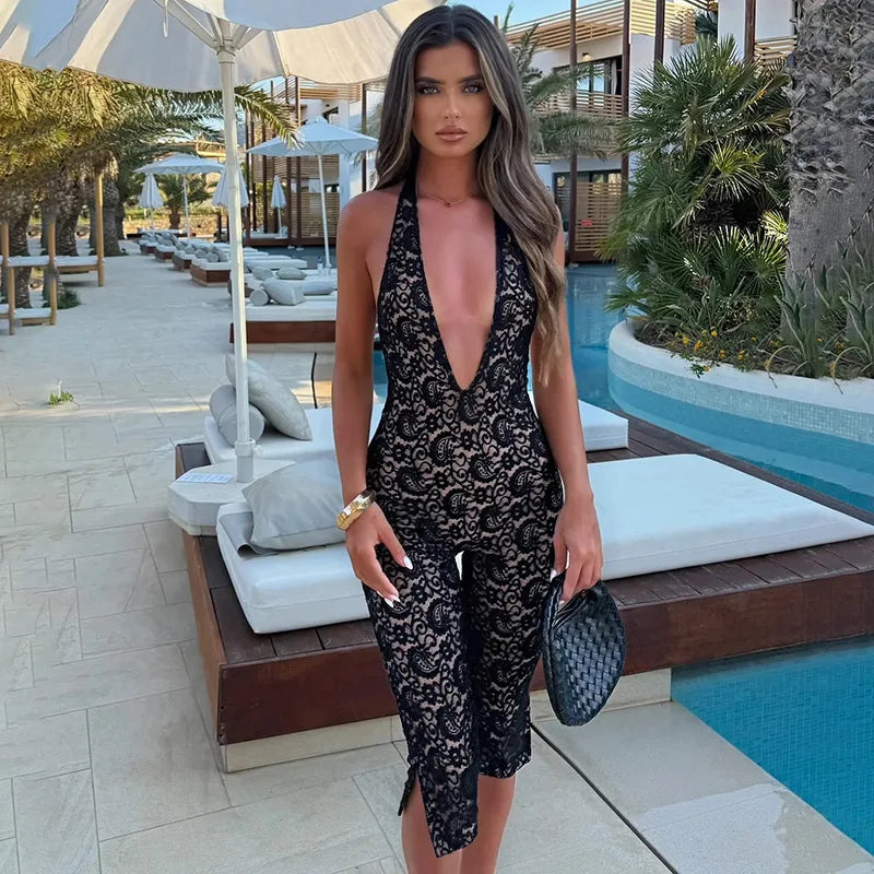 Lace Deep V Bodycon Jumpsuit Romper