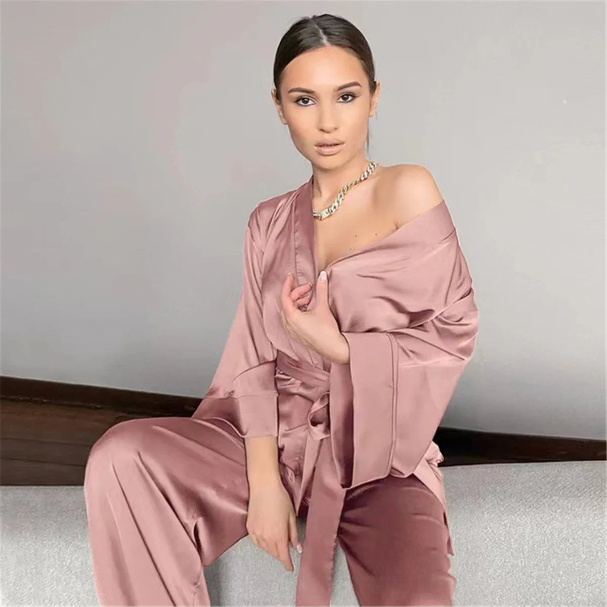 Satin Lace-Up Cardigan Pajama Set